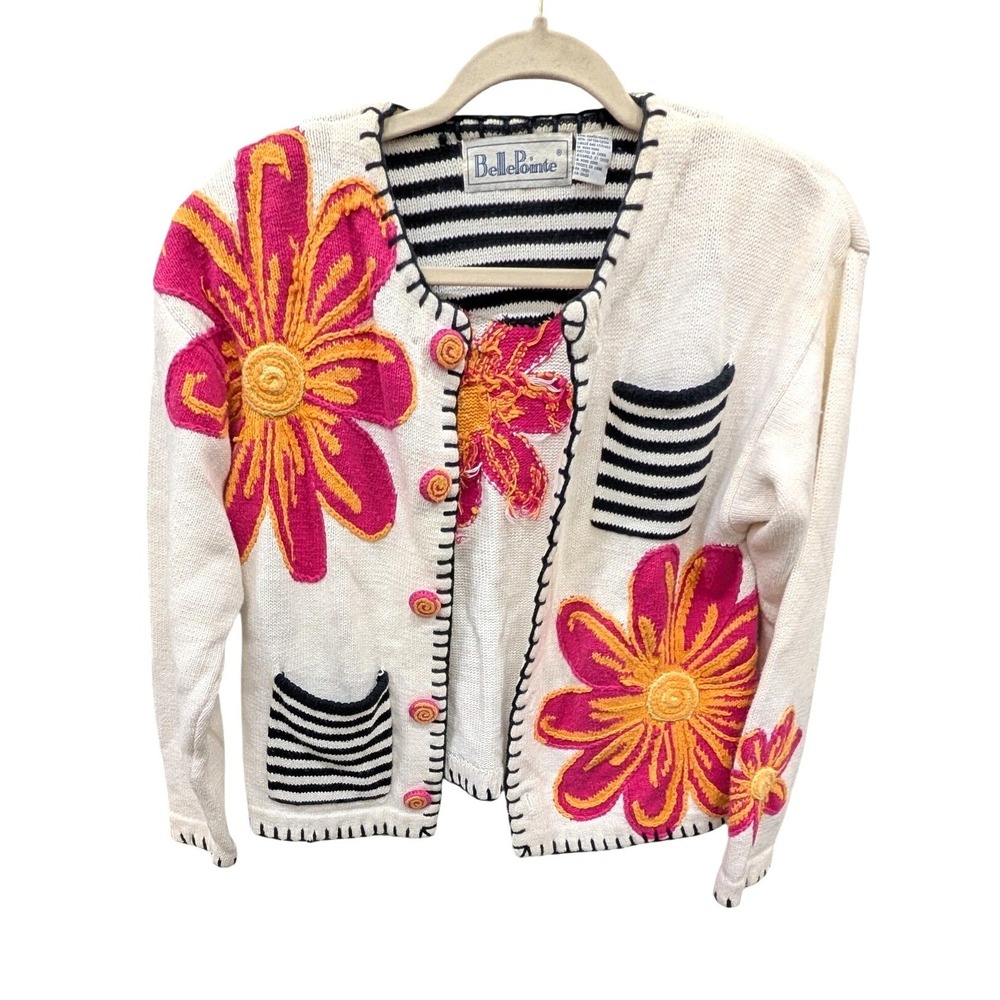 Vintage Women's Floral Cardigan White Embroidered Knit Sweater Art Teacher- S